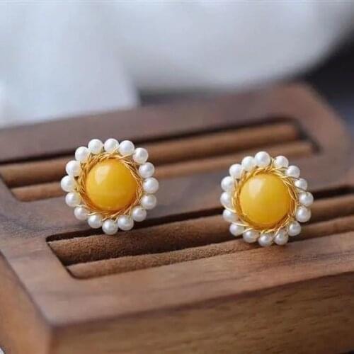 Natural Freshwater Pearl Flower Earrings Sterling Silver Gold-Plated Inlaid Raw Ore Canary Stone Earrings Simple and Compact Wom