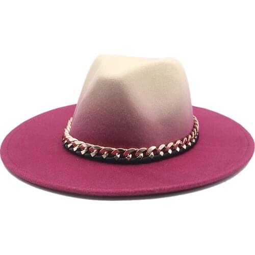 Fedora hat gradient color with gold chain band women hat winter wide brim jazz caps vintage luxury winter hat sombreros de mujer