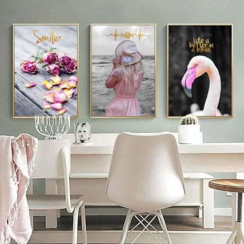 Modern painting porch poste painting canvas letter posters art paint bedroom mural Pink flowers Flamingos Print wall art
