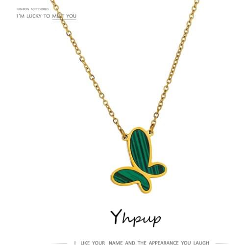 YHpup Green Butterfly Stainless Steel Pendant Necklace Gold Fashion 316 Necklace for Women Malachite Stone Charm Collar Jewelry