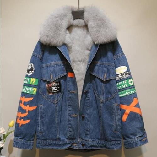 2021 winter new plus velvet padded jacket cotton coat printed denim Parka for women fashion big fur collar loose thick outerwear