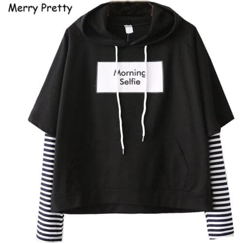 MERRY PRETTY Fake two Pieces Striped Patchwork Hoodies Sweatshirts Autumn Winter Women Letter Print Drawstring Hooded Pullovers