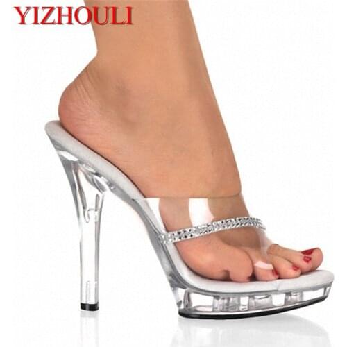 YIZHOULI 13cm high heels, thin and transparent crystal cold slippers, catwalk model size womens Dance Shoes