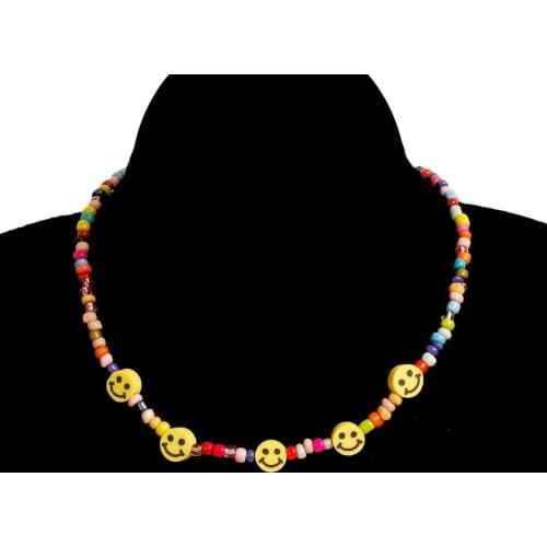 Women Handmade Colorful Seed Beads Necklace Smiley Choker Cartoon String Beaded Choker Necklace Fashion Jewelry Gift For Girl