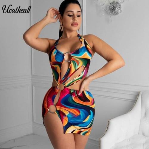 Hit Color Print Dresses Women Sleeveless Metal Ring High Waist Female Dress Summer Casual Fashion Backless Tide Dye Mini Dress