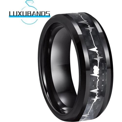 8MM Tungsten Wedding For Men Women Bands Heartbeat Black Carbon-Fiber Inlay Beveled Edges Polished Finished Comfort Fit
