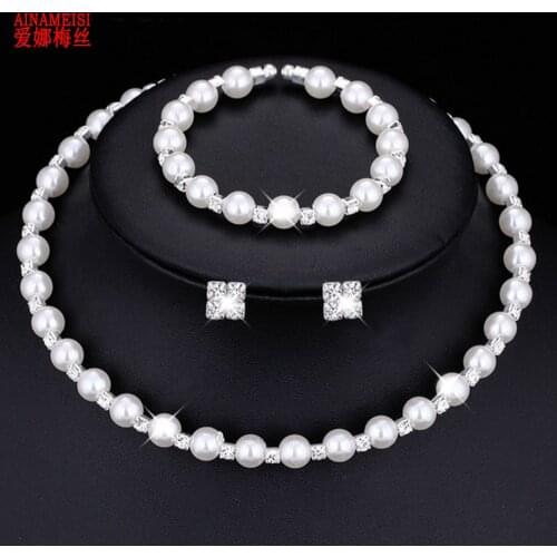 AINAMEISI Fashion Wedding Prom Bridal Pearl Jewelry Sets For Women Silver Plated Crystal Necklace Earrings Bracelet Jewelry set