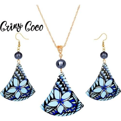 Cring Coco Acrylic Jewelry Sets 2021 Fashion BlueTriangle Flower Pearl Earrings and Necklaces Set Hawaiian Beach Earing for Wome