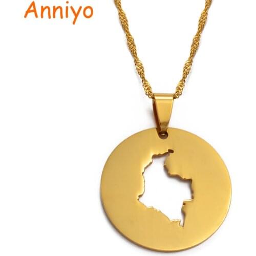Anniyo Gold Color Round Map of Colombia Pendant & Necklaces for Women Colombian Jewelry Gifts #015921