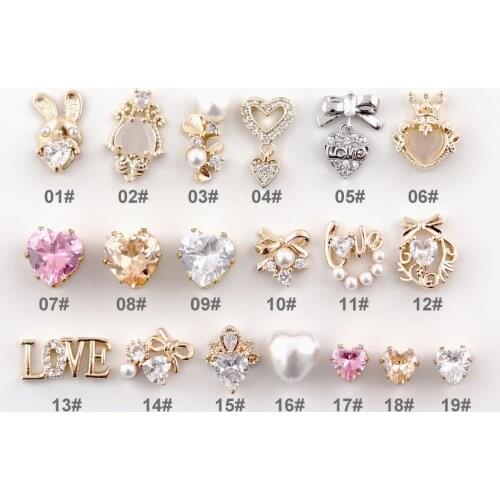 10pcs/lot 3D Love Heart Chain Alloy Nail Art Zircon Pearl Crystal Metal Manicure Nails Accessories Supplies Decorations Charms