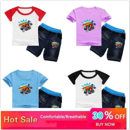 Kids Summer Clothes Set Cartoon Children Girls Short Sleeve Tees Boys T Shirt + Jean Pants Shorts 2PCS Casual Toddler Suit 2-12T