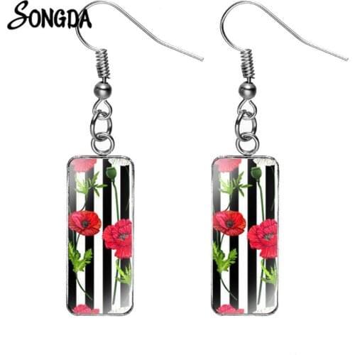 Beautiful Red Flowers Glass Convex Photo Rectangle Earrings for Women Fashion Jewelry Hand Craft Silver Color Fish Hook Earrings