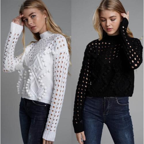 Fashion White Hollow Out Sweaters Women Autumn Winter Casual Thin Short Knit Tops Female Chic Jumpers Pull Femme