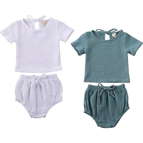 2020 Summer New Baby Clothing Newborn Kids Baby Boy Girl Clothes Cotton Linen Tops+Shorts Pants Solid 2pcs Short Sleeve Outfits