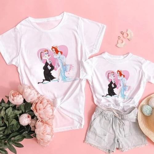 Family Matching Outfits Mommy And Me Clothes Mother Daughter Disney Tshirts Alice Rabbit In Wonderland Printed Familys Look Top