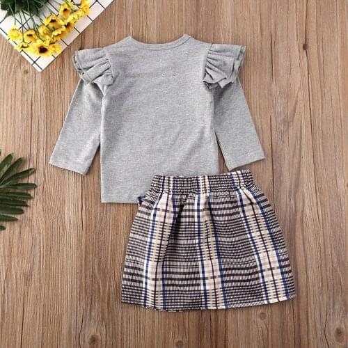 Girls European and American Autumn Frilled Long Sleeve Top + Plaid Short Skirt Two-piece Set Christmas Outfit Fashion Clothes