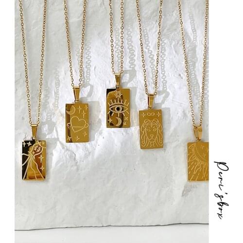 PerisBox Fashionable Card Charm Necklaces For Women Vintage Gold Color Engraved Heart Sun Star Lion Square Pendant Necklace