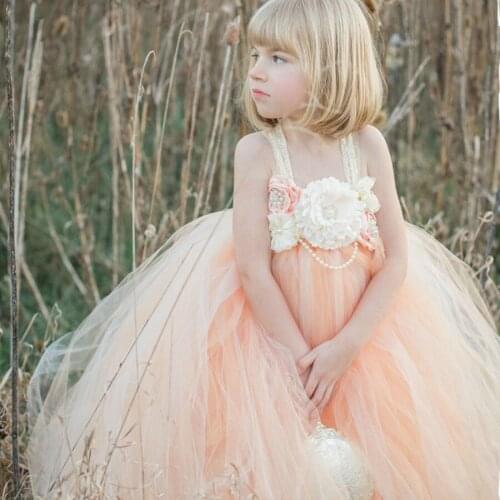Girls Candy Peach Flower Tutu Dress Kids Crochet Tulle Dress Ball Gown with Lace Straps Children Birthday Party Costume Dresses