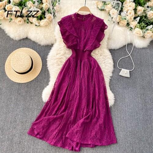New Women Vintage Dress Summer Sleeveless Slim High Waist A Line Lace Dresses Ladies Ruffles Elegant Party Dress Vestidos Mujer