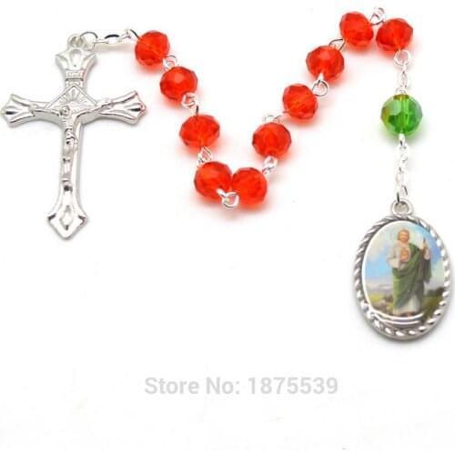 St Jude Rosary Chaplet Green Red Crystal Beads