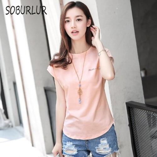 SOBURLUR 2021 Summer WomensT-shirt England Style Simple Solid O-Neck Basic Harajuku Short Sleeve T-shirt Top Woman Clothes