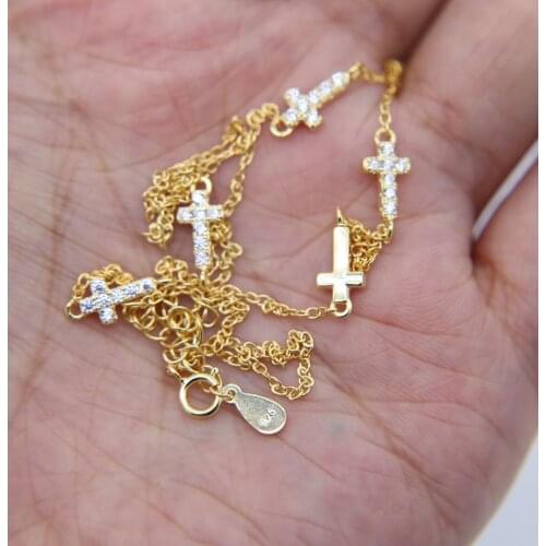 Sparking bling micro paved cz cross charm link chain 41+5cm women lady classic silver fine necklace