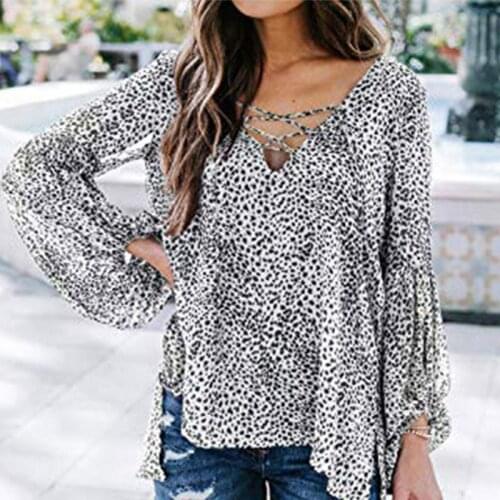 Autumn Leopard Split Cross Women Blouses V-neck Long Lantern Sleeve Womens Blouse 2020 New Fashion Streetwear Ladies Tunic Tops