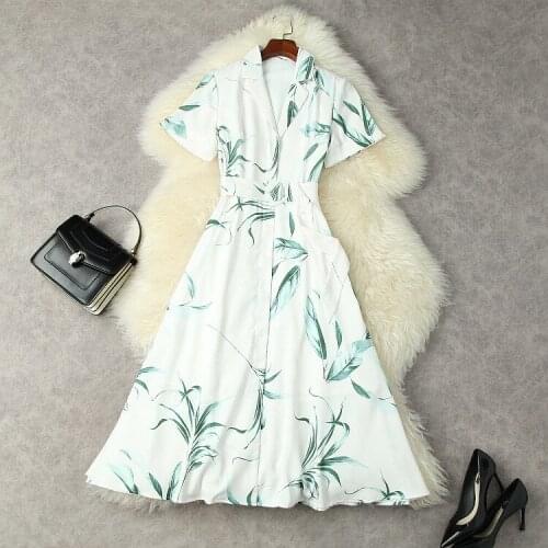 European and American womens wear for summer 2021 With short sleeves Leafy print on suit collar Fashionable Belt Dress