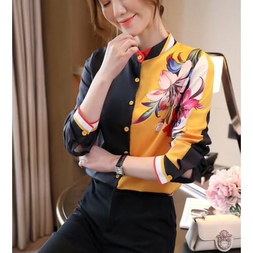 Contrasting color silk shirt women long-sleeved 2020 autumn new fashion foreign style stand-up collar stitching printed mulberry
