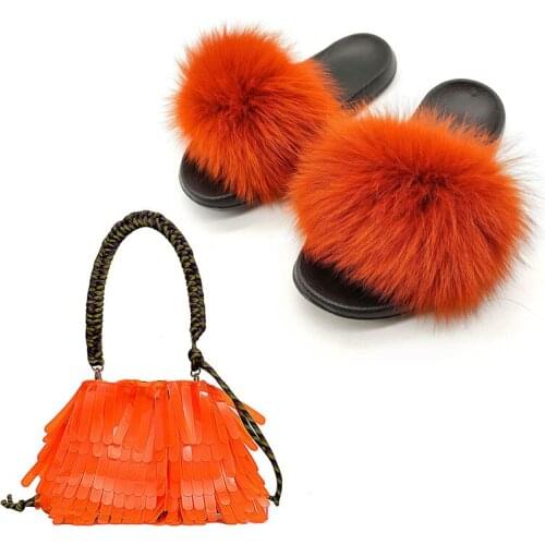 Women Fox Fur Slippers Fashion Small Jelly Purse Ladies Casual PVC Hand Bags Set Female Home Indoor Furry Slides Shoes