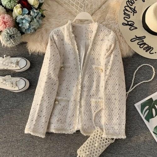 Runway Spring And Autumn Luxury Tweed Small Fragrance Coat Patchwork Single-Breasted Women V-Neck Jacket Outerwear Female