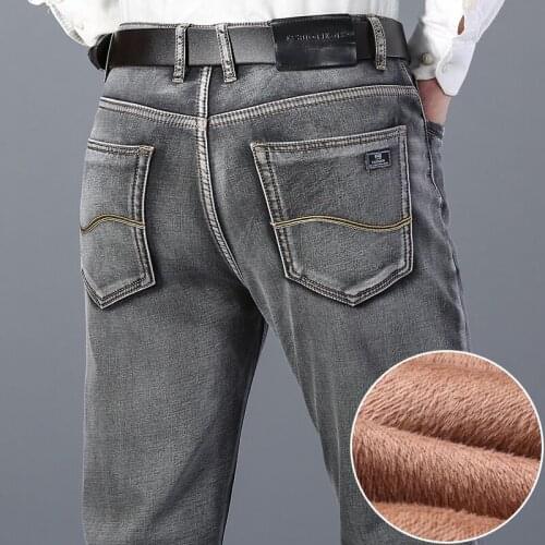 Winter Mens Warm Thick Gray Jeans Business Fashion Regular Fit Denim Trousers Fleece Stretch Pants Male Brand High Quality