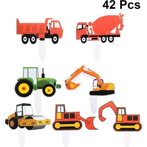 42pcs Construction Vehicle Cake Topper Inserts Cupcake Toppers Excavator Funny Cartoon Car Kids Birthday Party Favors Supplies