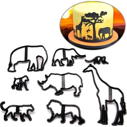 8PCS Plastic Animal Cookie Cutter Safari Silhouette Cake Mold Elephant Lion Giraffe Leopard Fondant Cutter Cake Decorating Tools