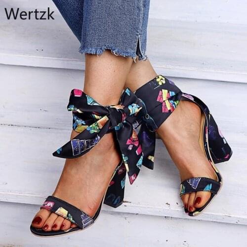 Summer Sandals Women Female Silk Bowknot Square High Heel Sandals Woman Fashion Ankle Strap Open Toe Ladies Sexy Shoes B437