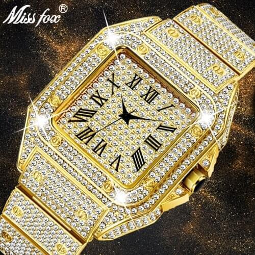 MISSFOX Mens Square Watch Luxury Brand Watches Design Unique Gold Men Quartz Wristwatch Bling Bling Diamond Clock Dropshipping