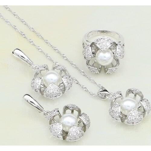 Flower 925 Silver Jewelry White Pearl Cubic Zirconia Jewelry Set For Women Party Earrings/Ring/Pendant/Necklace Chain