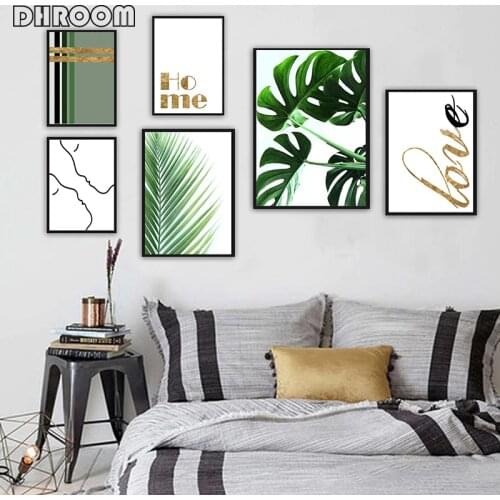 DHROOM Tropical Palm Leaf Green Plants Wall Art Monstera Poster Prints Gold Quote Canvas Art Painting Wall Picture Home Decor
