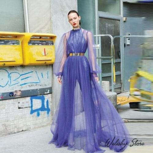 Elegant Long Tulle Dresses Fashion Turtleneck Lantern Full Sleeve Tulle Party Gowns Sheer See Through Women Dress Custom Made