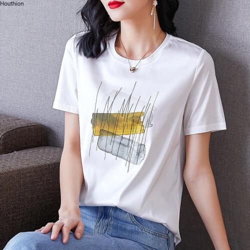 Houthion Silk Satin Slim Womens T-shirt New Casual T Shirt Fashion Short Sleeve Printing O-neck T-shirts Summer