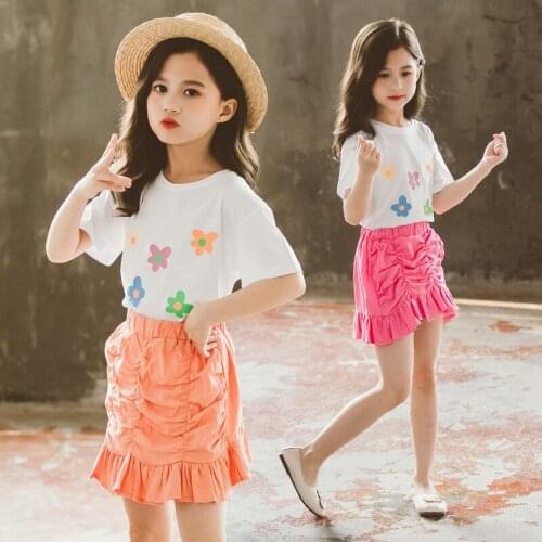 Summer Girls Clothes Set Print Short Shirt+Skirt 2 Pcs Casual Set For Girls Teenage Kids Clothing For Girls 4 6 8 10 11 12 Years