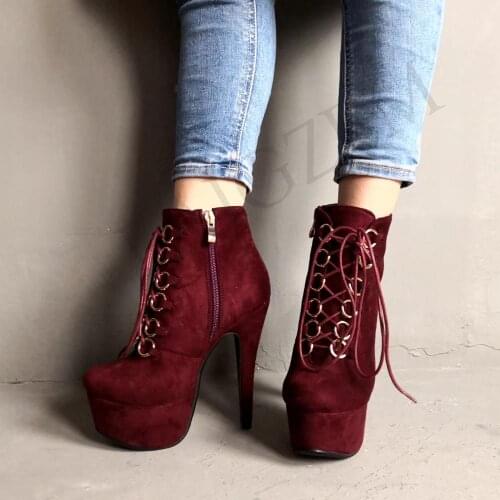 LAIGZEM Women Ankle Boots Faux Suede Platform High Heel Zipper Boots Wine Red Black Ladies Botines Mujer Small Big Size 34-52