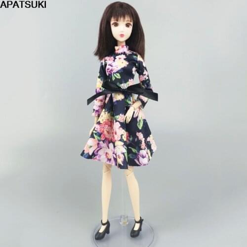 Fashion Clothes For Barbie Dolls Outfits Floral Flower Long Sleeve Short Dresses For Barbie Dollhouse Doll Clothing 1/6