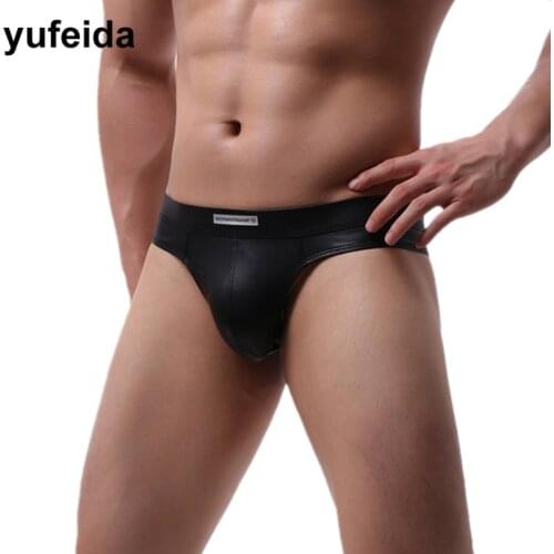 PU Leather Mens Sexy Underwear Bikini Briefs Sexy Homme Swimwear Low-Rise Underpants Male Gay Sissy Panties Mens Briefs Pouch