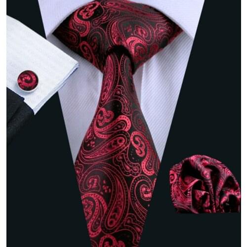 LS-314 Hot Men`s Tie Red & Black Paisley 100% Silk Jacquard Woven Tie Hanky Cufflink Set For Men Formal Wedding Party Business