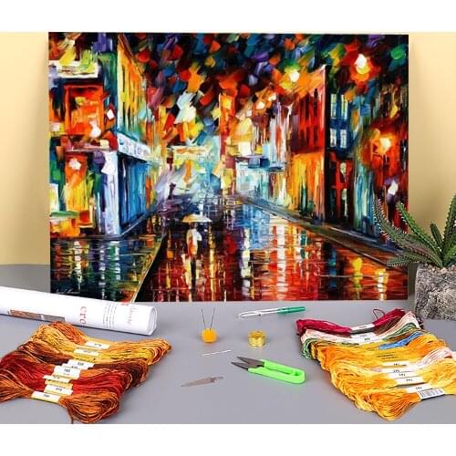 City Under Rain Printed Canvas 11CT Cross-Stitch Kit Embroidery DMC Threads Handicraft Handmade Needlework Painting Jewelry