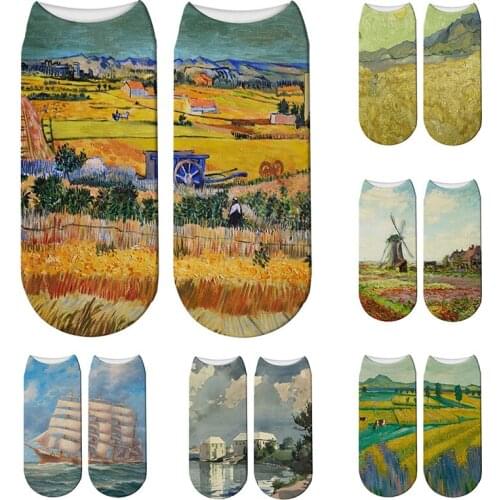 3D Printed Oil Painting Pattern Short Socks For Women Van Gogh Famous Art Autumn Summer Unisex Funny Happy Crew Socks Girl Gift