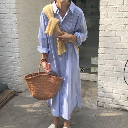 Single-breasted Loose Shirts Dress Vintage Striped Cotton Preppy Style oversize Loose Spring Dress Women Long Dress