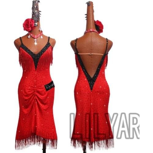 Latin Dance Dress Latin Skirt Competition Dress Costumes Performing Dress Practice Skirt Customize Adult Kids Lady Red Tassel 12