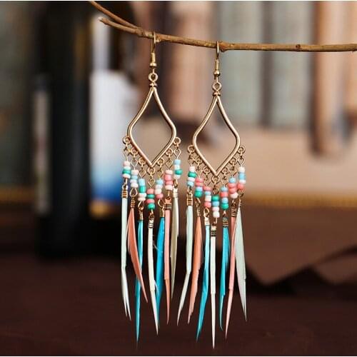 Hippie Womens Geometric Alloy Long Tassel Dangle Earrings Bohemian Boho Jewelry Colorful Feather Earrings Brincos Bijoux